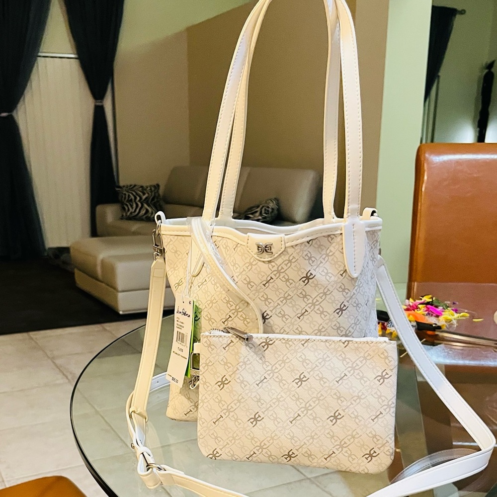 NWT SAM EDELMAN White/Cream Patterned tote with Removable Pouch &   strap